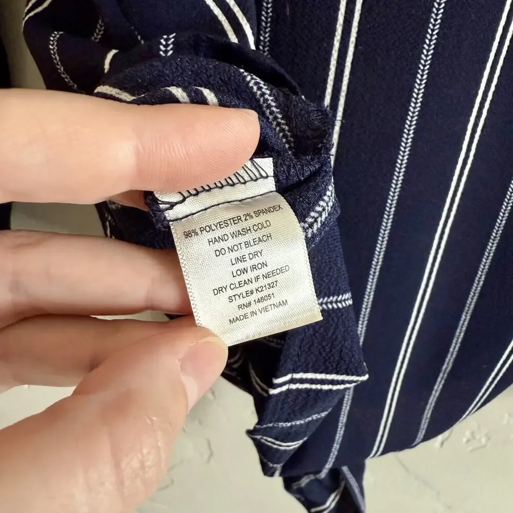 Monteau Los Angeles Size Large Juniors Blouse - Navy Striped Pockets Tie Front
